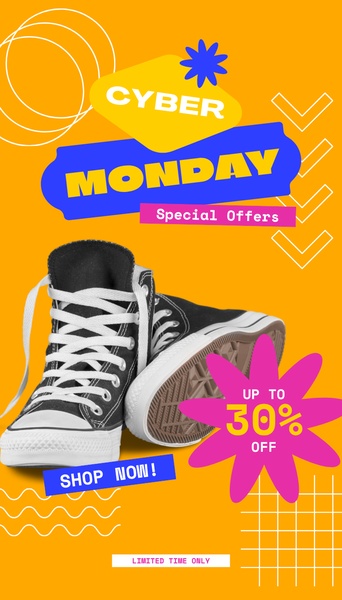 sneakers, canvas shoes, casual shoes, athletic shoes, lace up shoes, sale promotion, limited time deal, modern typography, energetic, playful, orange, blue, cyber monday